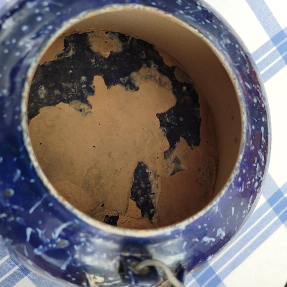 Vintage Dark Blue White Speckled  Enamelware Cowboy  Coffee Tea Kettle - Picture 3 of 5